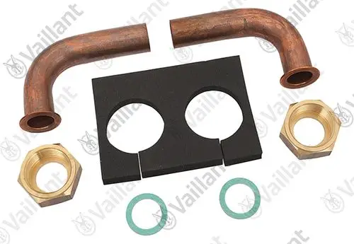 Vaillant Rohrbogen und Zubehör, bestehend aus zwei gebogenen Rohren, Dichtungen und Schraubenteilen. Ideal für Heizkreissysteme.